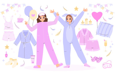 Pajama party elements. Girls wear bedtime costumes, pajamas and bathro