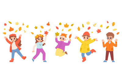 Kids jumping under falling autumn leaves. November season, play and ga