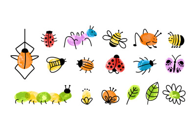 Children style fingerprint art insects. Decorative paint childish grap