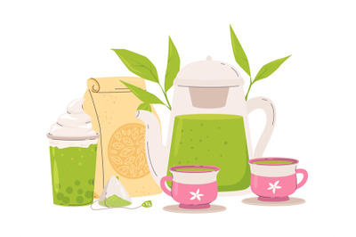 Tea time composition with cups, pot and leaves. Matcha or green drink,