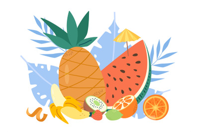 Tropical fruits composition. Summer juicy fruit concept, cartoon pinea