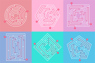 Labyrinth game graphic. Maze simple puzzle with different destinations