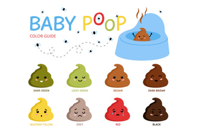 Baby pooping emoticons. Newborn stool color chart, different emotions