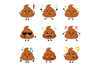 Poop characters, baby stool emojis. Happy cute excrement, funny emotio