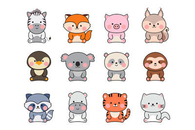 Kawaii animal stickers. Cute animals characters, farm and zoo collecti