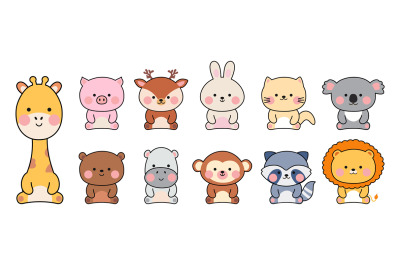 Tiny kawaii zoo animals. Cute animal, zoo characters stickers in korea