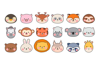Kawaii faces animal avatars. Cute animals icons, zoo asian style carto