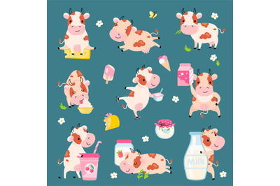 Dairy products. Cow hugs milk bottle&2C; milkshake and yogurt&2C; cheese and