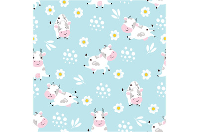 Cow seamless pattern. Cartoon cows fabric print, baby cloth animal des