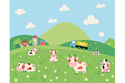Farm nature landscape. Cartoon cow on green meadow, milk truck and tin
