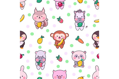 Cute animals seamless pattern. Kawaii animal funny fabric print design