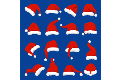 Cartoon red santa hats, christmas cap flat design. Xmas hat, new year