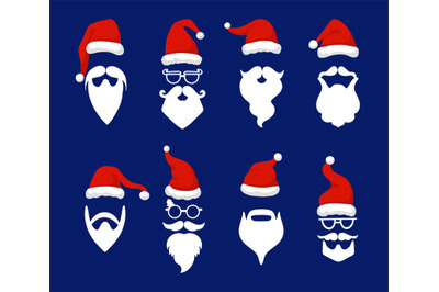 Santa hats with white moustache and beards. Cartoon objects, claus bea