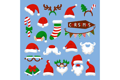 Christmas photo booth colorful santa and deer elements. Selfie decorat