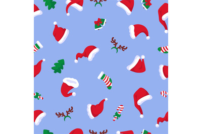 Red santa hats seamless pattern. Flat hats graphic design, christmas h