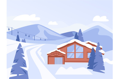 Winter cozy chalet in mountains. Ski resort landscape, christmas holid