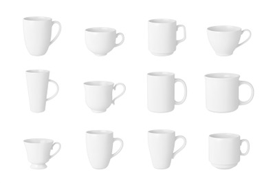 Isolated realistic white cup, drinking mug. 3d coffee cups, mugs mocku