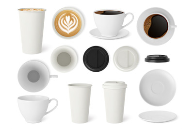 Realistic coffee set. Espresso 3d cup and americano takeaway paper mug