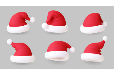 3d santa hats. Christmas hat realistic, modern xmas party red head acc