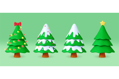 Christmas tree 3d design. Trees xmas, color rendered nature winter ele