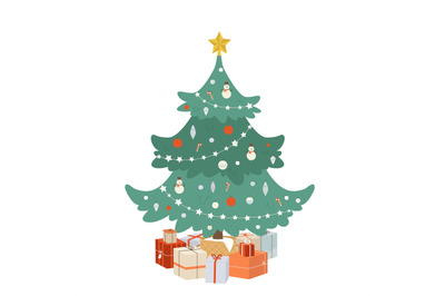 Christmas tree with gifts. Xmas presents under fir, decorative winter
