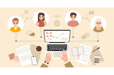 Online work connecting. Flexible job communication, laptop meeting and