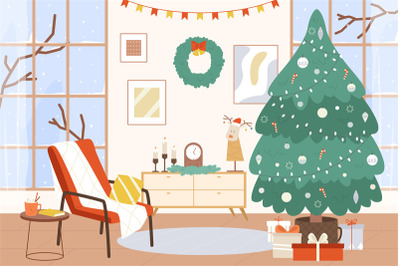 Christmas tree living room interior. Winter holiday area with snowy wi