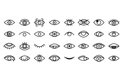 Line eyes symbols. Outline eye icon, isolated ophthalmology signs coll
