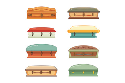 Cartoon isolated coffin. Funeral service equipment, flat color coffins