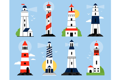 Flat cartoon lighthouse. Traditional lighthouses, clouds and birds flo