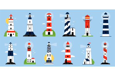 Isolated coastline lighthouses. Flat lighthouse, birds flock, clouds a