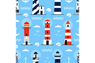 Lighthouse seamless pattern. Nautical fabric print, decorative marine