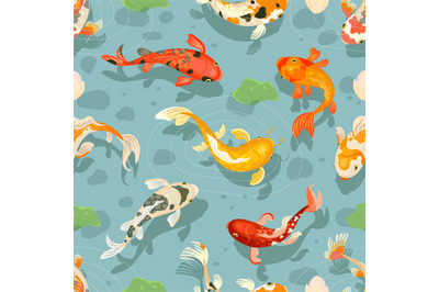 Koi fish seamless pattern. Oriental style fabric print with japanese b