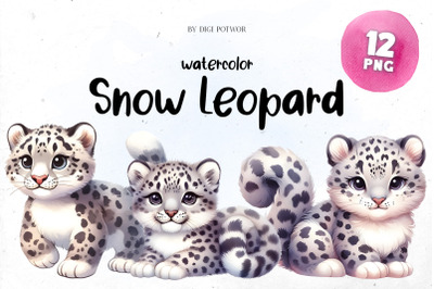 Cute Watercolor Snow Leopard Bundle | PNG cliparts