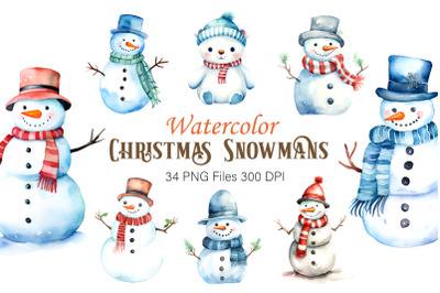 Watercolor Christmas Snowmans. PNG Bundle.