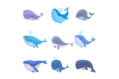 Cartoon whales. Cute underwater whale characters, marine animals. Isol
