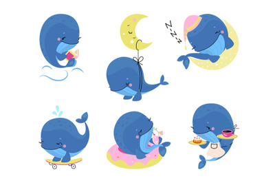 Cute cartoon whale doing different things. Funny whales sleep, eat and