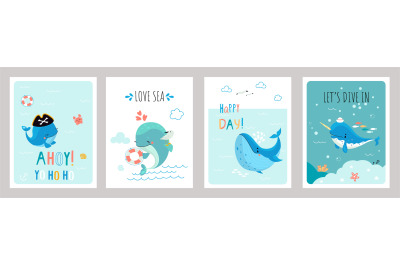 Whale printable cards. Positive simple posters with flat underwater ch