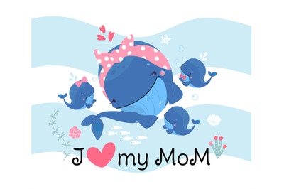 Mother day poster with cute whale mom and funny little babies whales.