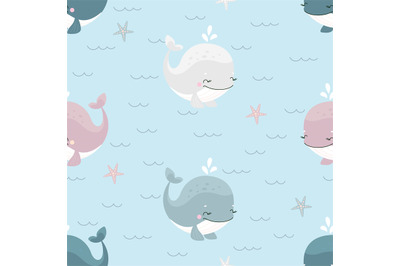 Cartoon whales seamless pattern. Cute whale swim in waves, underwater