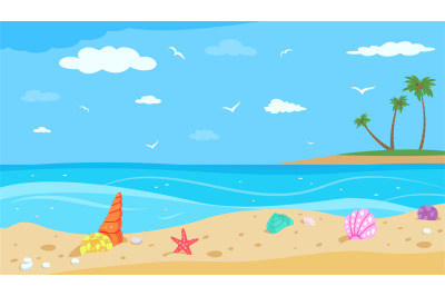 Shells on beach. Ocean landscape, travel or vacation banner. Illustrat