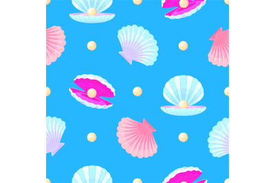 Pearl shell seamless pattern. Cartoon shells and pearls fabric print.