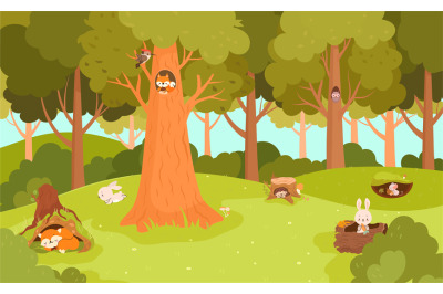 Forest meadow with animal in holes. Woodland animals in burrows sleep