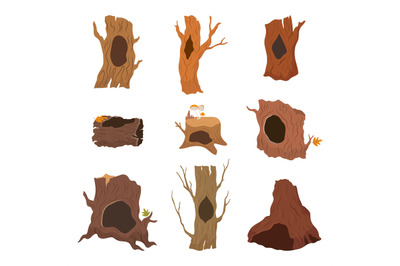 Wooden burrows, tree with holes. Empty animals houses, wood trunks and