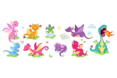 Funny dragons children characters. Dragon isolated, cute mythological