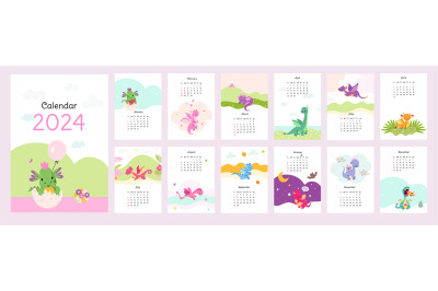 Cartoon dragons calendar. New year monthly posters with various dragon