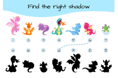 Find shadow game. Childish paper educational toy with cartoon cute dra