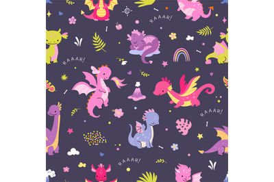 Cartoon dragon seamless pattern. Cute dragons and rainbow childish fab
