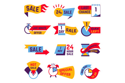 Sale countdown badges, hot promo shopping labels. Discount ad or annou