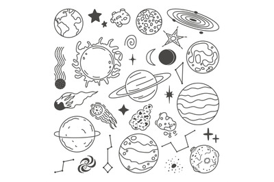 Doodle planets, space sketch planet and stars. Astronomy icons, abstra